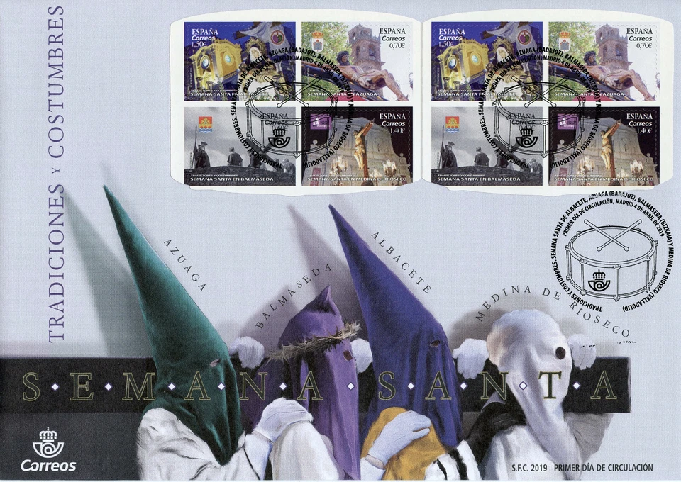 Spain 2019 FDC Easter Holy Week 8v S/A Booklet Cover Religion Cultures Stamps - Image 1 of 1