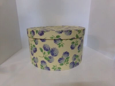 Vintage Round Hat, Sewing, Storage Box with Bluish Purple Flowers and Green Stem - Image 1 of 4