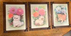 K CHIN KITTENS PRINTS 3 VINTAGE FRAMED 1970s LITHOGRAPH ART FLOWERS - Picture 1 of 18