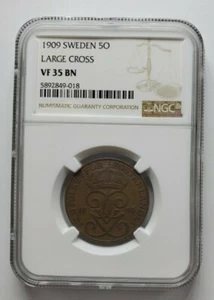 1909 Sweden 5 Ore Large Cross NGC VF35 BN - Picture 1 of 2