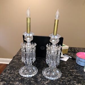 Pair of Baccarat Lamp Light Candlestick Crystal Engraved Hanging Bases Only 16"