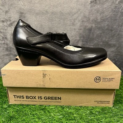 Clarks Emily 2 Mabel Tacones Mujer 9 M Negro Cuero Bombas Mary Jane Comfort NUEVO Foto 1 de 4
