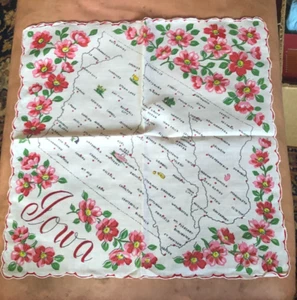 Vintage State Of Iowa Handkerchief W/Floral Design & Scalloped Edges - Picture 1 of 4
