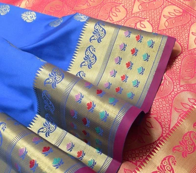 Blusa azul royal Banarasi Sari arte seda tecido Zari borda floral tecido Saree - Imagem 1 de 4
