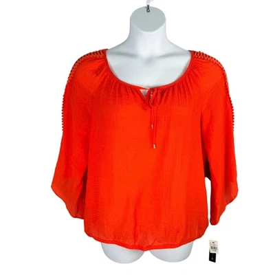 AB Studio Blouse Womens Large Tangerine Orange Gauze Keyhole Ric Rac Trim Top - Image 1 of 4