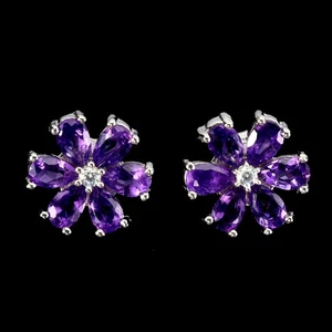 Black Friday 925 Sterling Silver Earrings Pear Amethyst 5x3mm Flower Jewelry - Picture 1 of 13