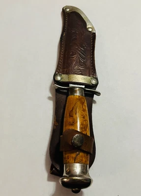 Faca vintage C. Andersson Mora Suécia Puukko cabo de madeira encaracolada com karité de couro - Imagem 1 de 4