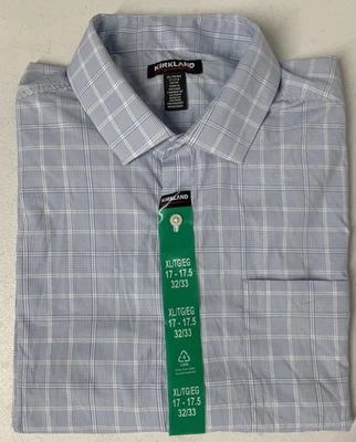 Kirkland Signature Mens Performance Sport Shirt XL 17-17.5 32/33 BLUE PLAID New - Image 1 of 4