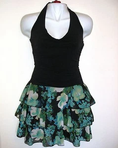 NEW Party Cocktail Dress Halter Black Top Green Flowers Tiered Mini Skirt Small - Picture 1 of 7