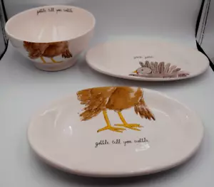 RAE DUNN ARTISAN BY MAGENTA GOBBLE TURKEY 2 OVAL 8X6 PLATE & 1 BOWL DISH NWT SET - Picture 1 of 10