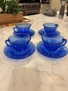 Set of 4 Hazel Atlas Cobalt Blue Moderntone Glass Cups and Saucers - Picture 1 of 4