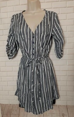 Vestido Mimi Chica Mujer Pequeño Azul Blanco Rayas Botón Manga Larga Cinturón Cuello en V Foto 1 de 4