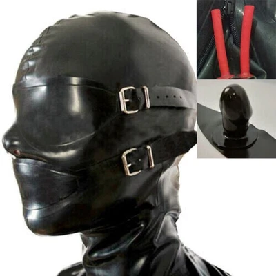 Hood with Removable Eyes and Mouth Mask Latex Rubber Open Eyes Mouth Back Zipper - Image 1 of 4