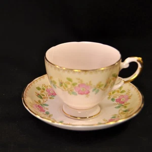 Plant Tuscan Footed Cup Saucer 75844 Hand Painted Pink Floral w/Gold 1936-1940's - Picture 1 of 24