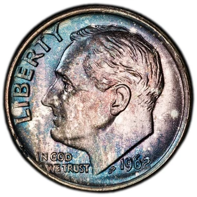 MS65FB 1962 10C Roosevelt Silver Dime, PCGS Trueview- Beautifully Blue Toned - Image 1 of 4