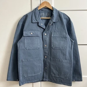 Vintage French Light Blue Cotton Works Utility Faded Canvas Jacket Metal Buttons - Picture 1 of 15