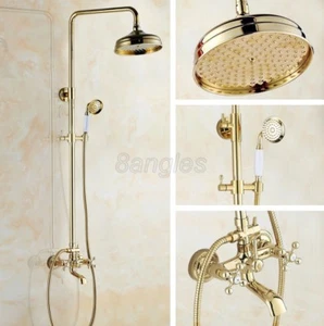 Set rubinetto doccia a pioggia ottone colore oro doppio manico croce rubinetto miscelatore vasca 8gf351 - Foto 1 di 7