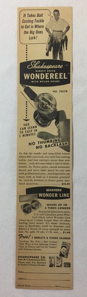 Anuncio de pesca Shakespeare 1955 ~ Wonderel, Wonder Line ~ Where The Big Ones Lurk Foto 1 de 1