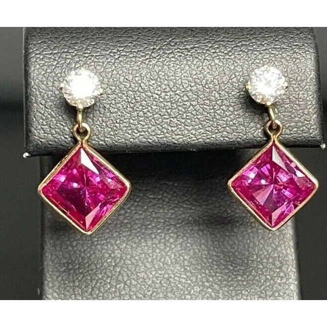 PENDIENTES CIELO ORO AMARILLO 14K ZAFIRO ROSA Y DIAMONIQUE CIRCONITA TALLADO EN LABORATORIO Foto 1 de 4