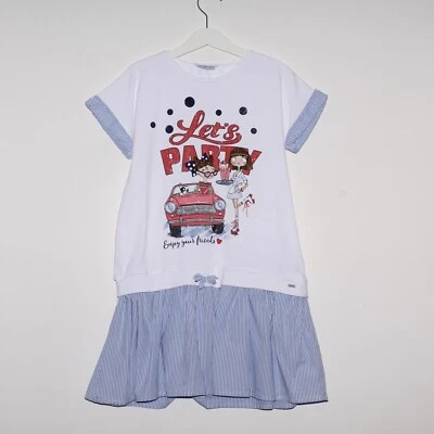 Girls MAYORAL White Blue Dress Age 9 Let’s Party Summer Cotton Short Sleeve - Image 1 of 4