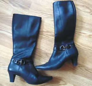 Anne Klein iFlex schwarz 12" hoch Leder Mode Stiefel Schnalle Seitenreißverschluss Gr. 7,5 - Bild 1 von 4