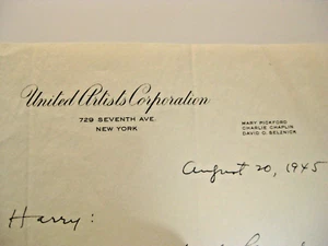 United Artists Corp 1945 Letter Mary Pickford Charlie Chaplin David O. Selznick - Picture 1 of 6