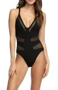 Kenneth Cole Damen Neu mit Etikett Netzeinsatz tiefer V-Ausschnitt Einteiler Badeanzug schwarz LRG - Bild 1 von 3