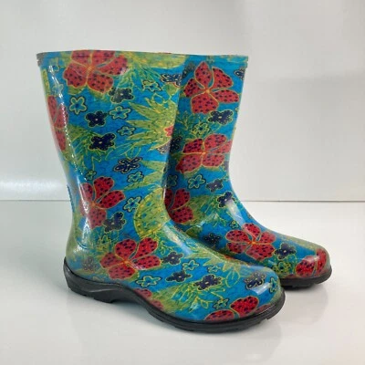Botas de lluvia y jardín Sloggers para mujer talla 7 azul verano altas flores de media pantorrilla Foto 1 de 4