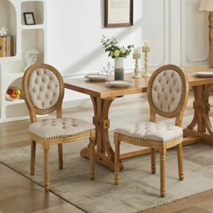 French Upholstered Dining Chair Solid Wood Frame with Round Back Set of 2 Beige - Picture 1 of 17