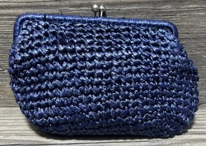 Bolso sin asas vintage Lanza de paja de rafia azul marino tejido diseño italiano Japón - Imagen 1 de 10