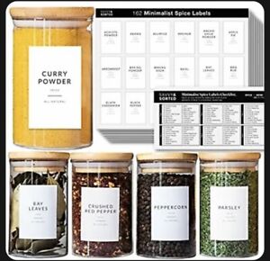 162 Minimalist Spice Jar Labels - Preprinted Spice Stickers - Black Text on W...