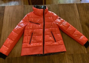 Michael Kors Cire Shine Puffer Coat Jacket Glassy Red/Black Zip Women’s Medium - Picture 1 of 16