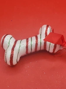 Robert Stanley Glass Christmas Ornament Candy Cane Striped Dog Bone 5” - Picture 1 of 3