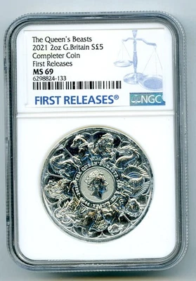 2021 GREAT BRITAIN 2OZ SILVER NGC MS69 QUEEN'S BEASTS COMPLETER COIN - EX THICK - Image 1 of 2