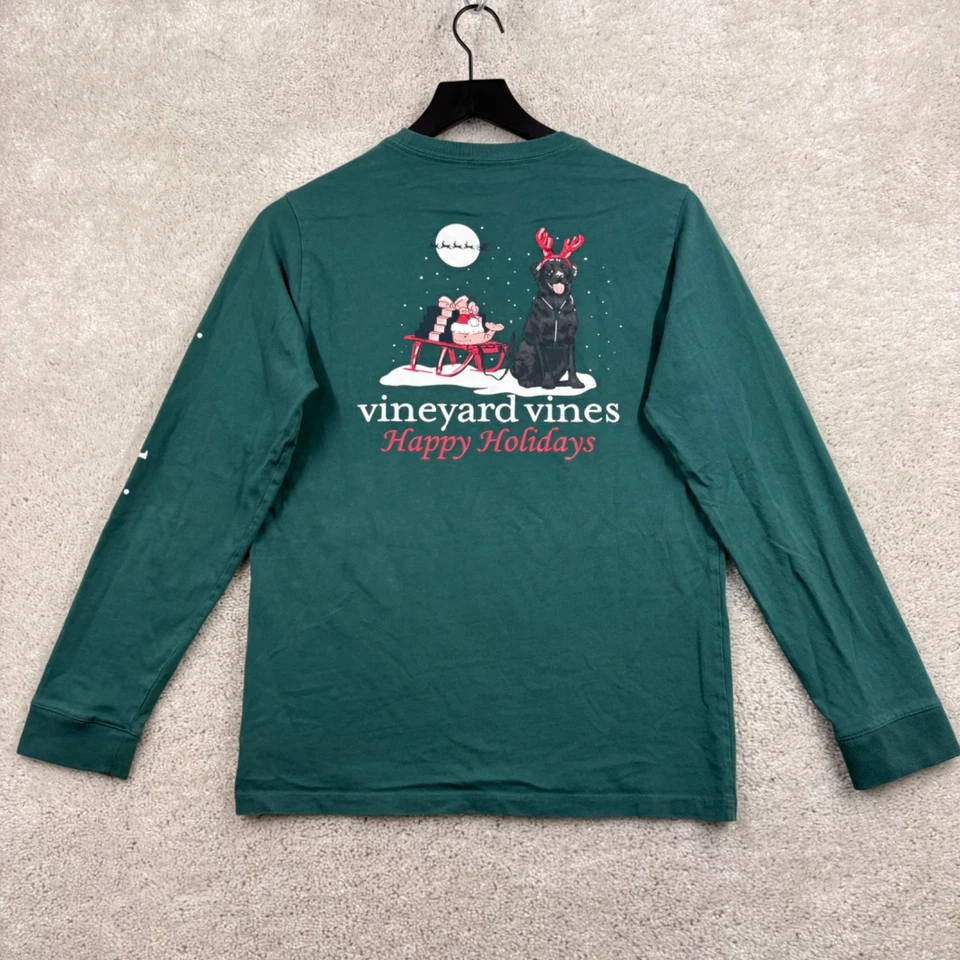 Vineyard Vines T Shirt Boys Size Large (16) GreenLong Sleeve Happy Holidays - Image 1 of 4