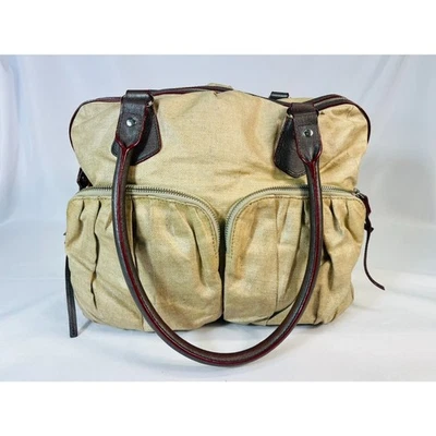 Cartera MZ Wallace Jane Lino Esmaltado Beige Cuero Asas Bolsillos Capac Grande Foto 1 de 4