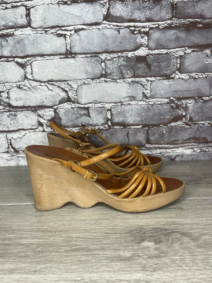 Sandalias de cuña de tacón alto de cuero marrón alto OG FAMOLARE de colección años 70 para mujer 7N EE. UU./37,5 Foto 1 de 4