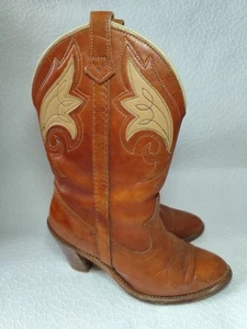 Womens Vintage Brown Leather Western Stacked Heel cowboy boots Size 37 USA Made - Picture 1 of 23
