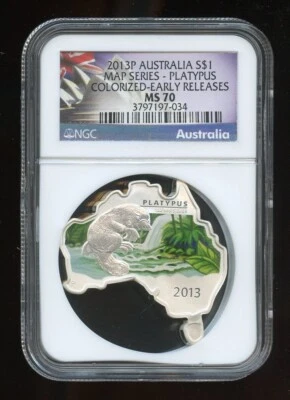 2013 P Australia $1 Map Series-PLATYPUS Colorized Early Release NGC MS70 1oz - Image 1 of 2