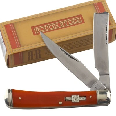 Rough Ryder Orange Smooth Bone Razor Trapper Pocket Knife RR073 2 Folding Blades - Image 1 of 4