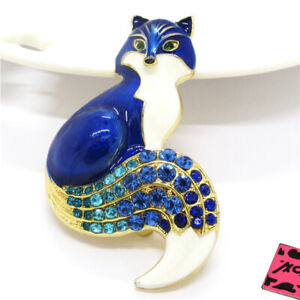 Blue Enamel Cute Animal Fox Crystal Fashion Lady Charm Women Brooch Pin Gift