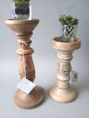 Candelabro Madera Artesanal Nuevo 2 Pilares Diferentes Tamaños Envasado Rústico  Foto 1 de 4