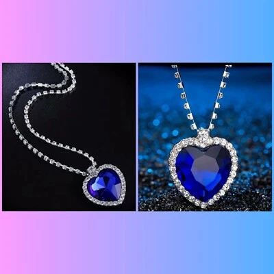 TITANIC HEART OF THE OCEAN PENDANT NECKLACE -BEAUTIFUL OCEAN BLUE 💙SILVERTONE - Image 1 of 2