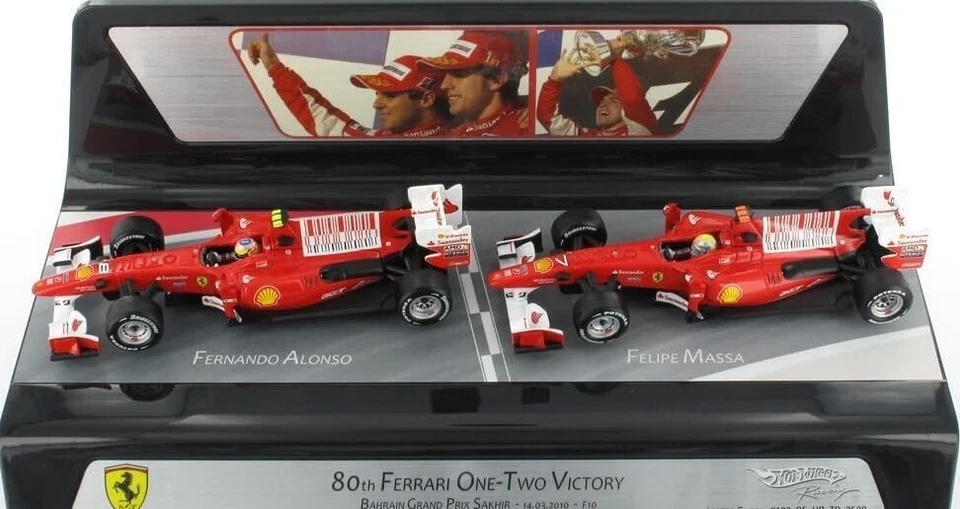 1/43 FERRARI F10 80TH ONE TWO VICTORY BAHRAIN 2010 ALONSO MASSA HOTWHEELS V7423 - Immagine 1 di 1