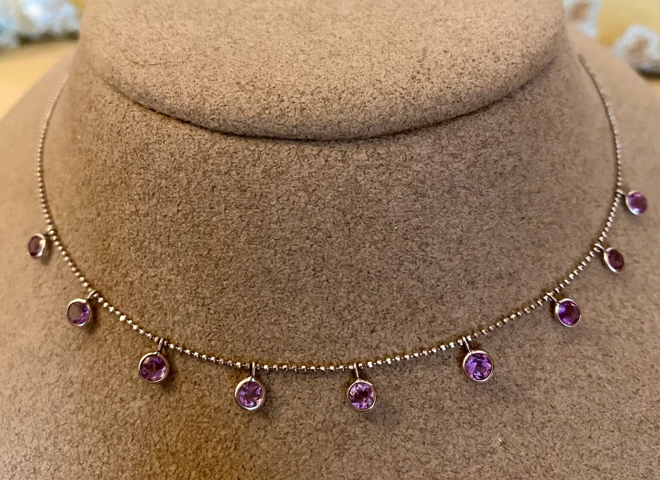 JUEGO BISEL AMATISTA ORO BLANCO MACIZO 14K ESTACIÓN CAÍDA COLGANTE TOBILLERA 9" NUEVO SIN ETIQUETAS Foto 1 de 4