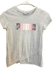 PUMA Girls T-Shirt Size M 8–10 Gray Pink Script Logo Casual Top - Picture 1 of 3