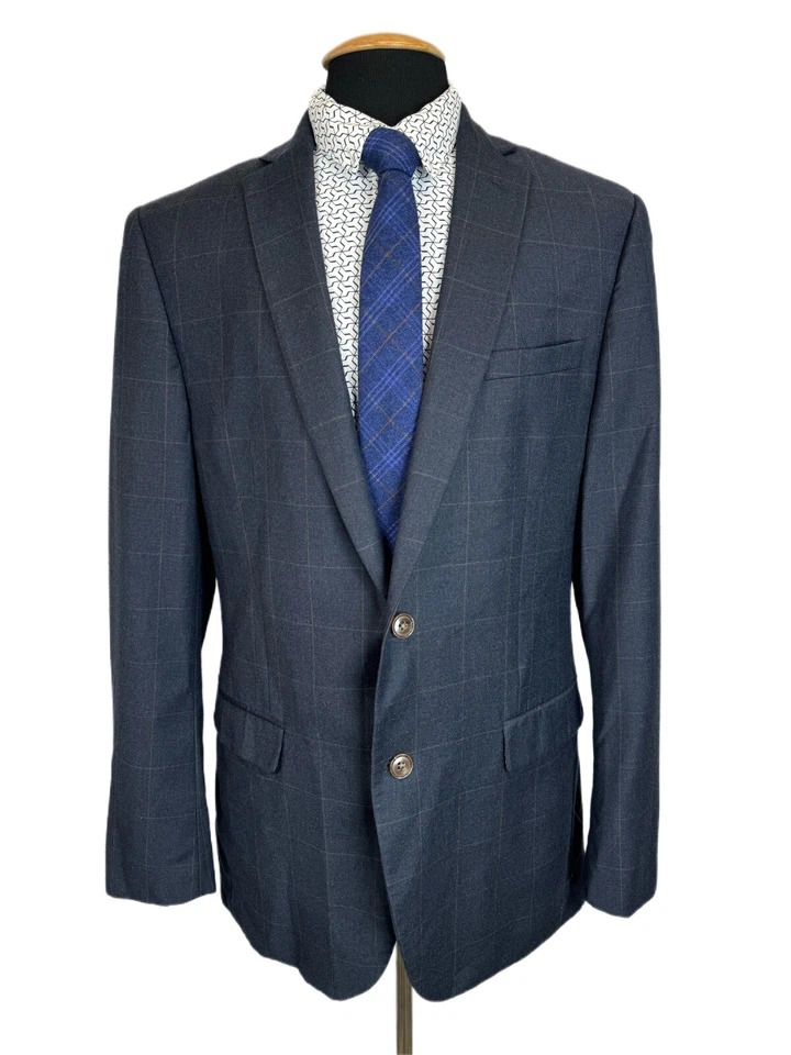$425 Bar III Mens 42L Blue Windowpane 100% Wool Slim Fit Sport Coat Blazer - Image 1 of 4