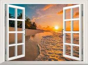 Póster de pegatina de pared para ventana 3D Sunset Beach peeling y calcomanía papel tapiz - Imagen 1 de 5