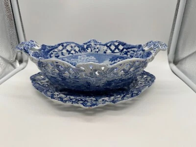 Antique Spode Blue & White Blue Italian Porcelain Chestnut Basket & Underplate - image 1 of 4