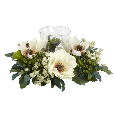 14" WHITE MAGNOLIA SILK FLOWER CANDELABRUM CANDLE ARRANGEMENT - Image 1 of 2